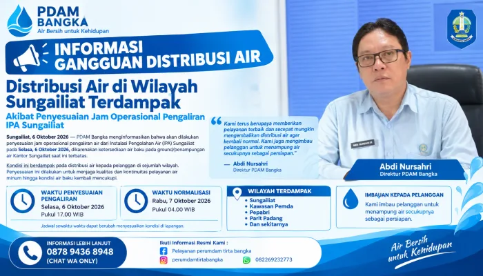 Distribusi Air PDAM Bangka di Sungailiat Disesuaikan, Pelanggan Diminta Menampung Air
